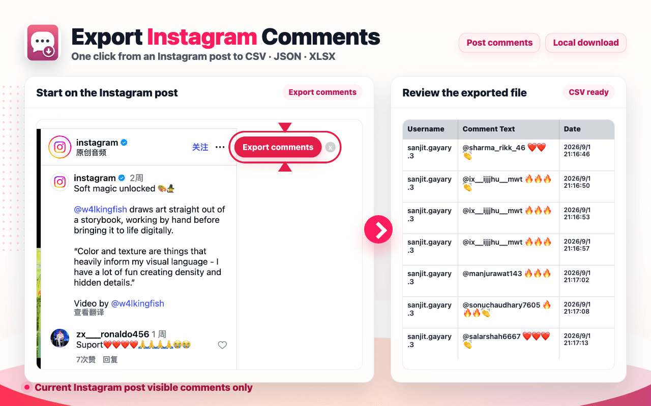 Current Instagram Comments Exporter post-to-file workflow