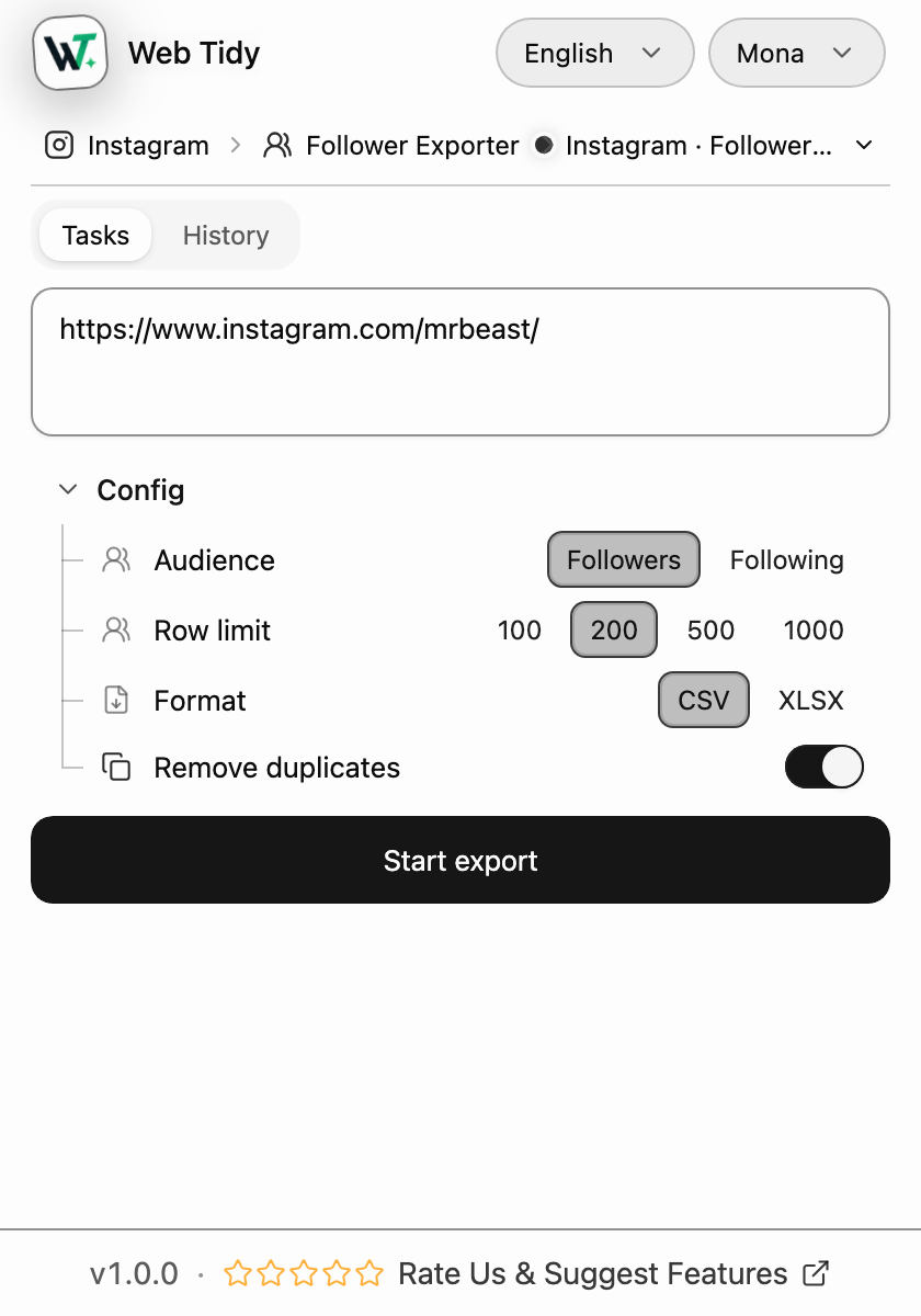 Instagram Follower Exporter popup preview