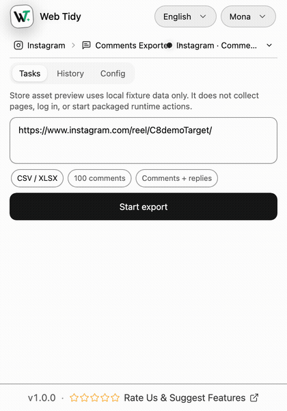 Synthetic Instagram Comments Exporter fixture showing the local popup task workflow